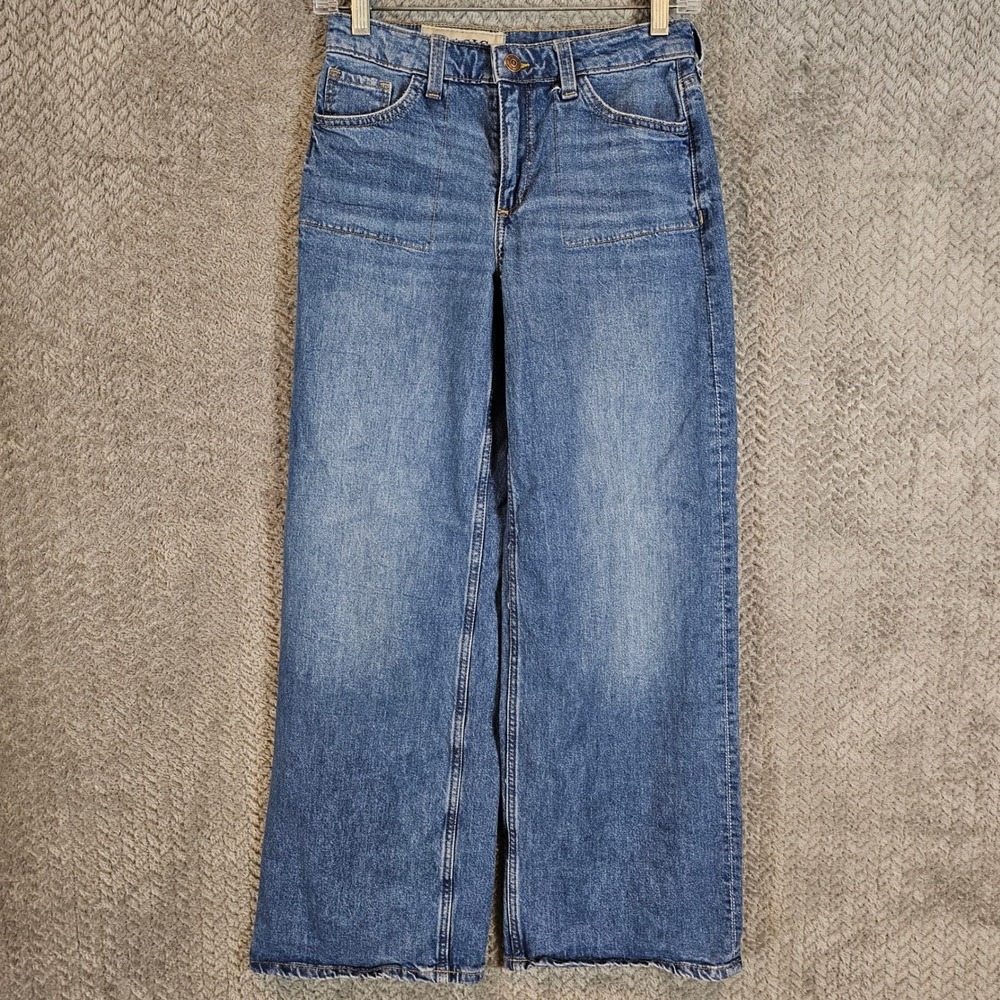 Basic Womens High Rise Wide Leg Jeans Blue Size 14 Raw Hem Patch Pockets Retro
